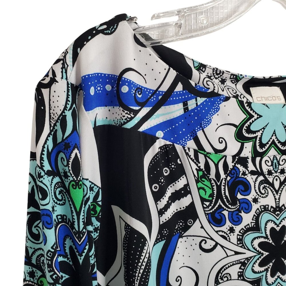 Chicos XL Size 3 Dress Paisley Floral Jersey Knit Intricate Print Vibrant Knee - Picture 8 of 12
